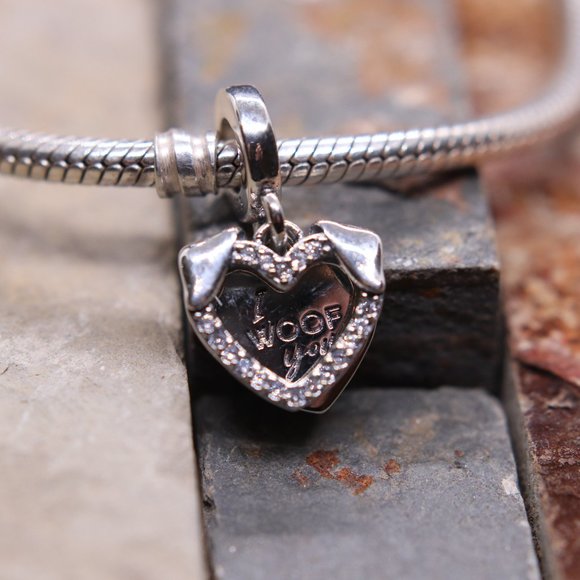 Hearts I Woof You Dog Dangle Bracelet Charm - S925 Sterling Silver Fits Pandora - Picture 6 of 6